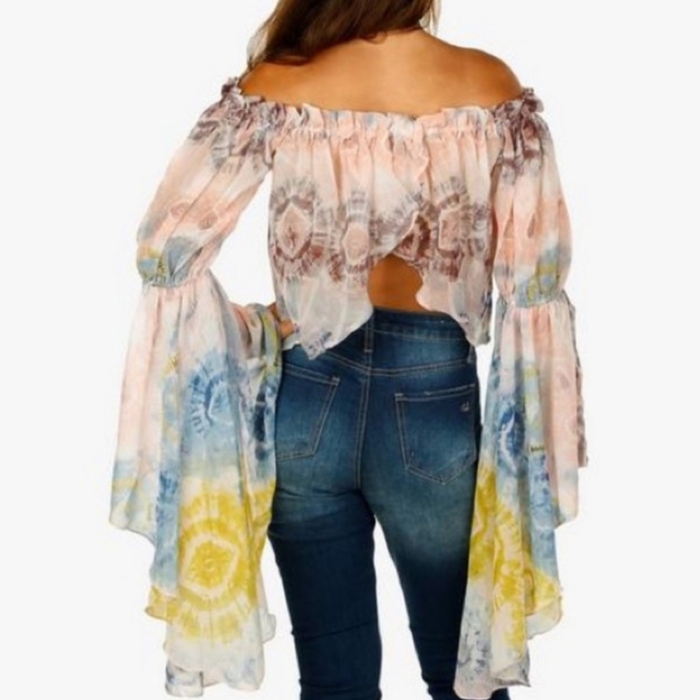 Live 4 Truth Bell Sleeve Crop Tie Dye Floral Open Back Off Shoulder Top